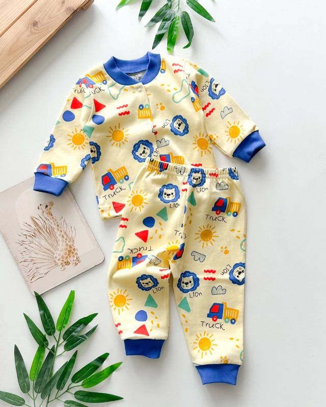 Truck lion baskılı önden çıtçıtlı mevsimlik 2 parça pijama takımı