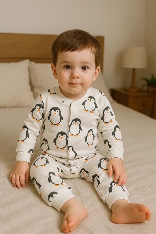Büyük penguen baskılı önden çıtçıtlı mevsimlik 2 parça pijama takımı