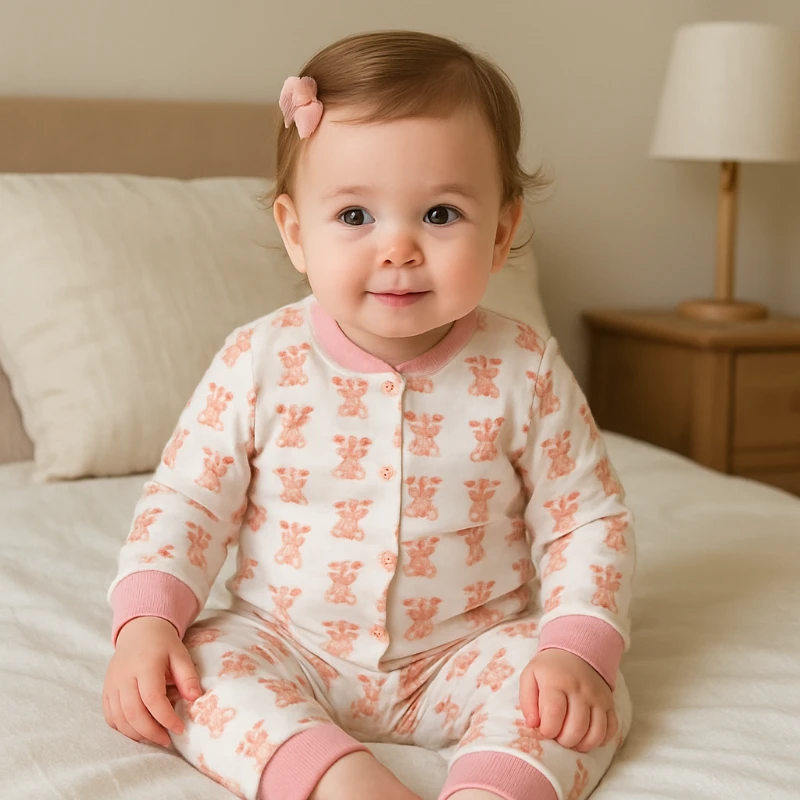 Pembe kurdela ayıcık baskılı önden çıtçıtlı mevsimlik 2 parça pijama takımı