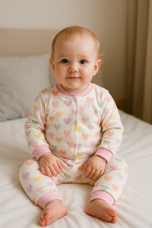 Renkli sevimli kalpler baskılı önden çıtçıtlı mevsimlik 2 parça pijama takımı
