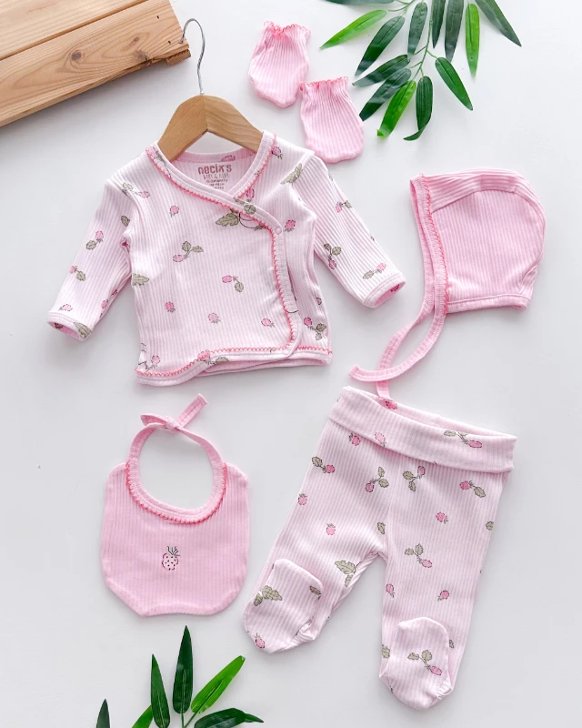 Ahududu baskılı oya biyeli yandan çıtçıtlı mevsimlik 5 parça yenidoğan set 