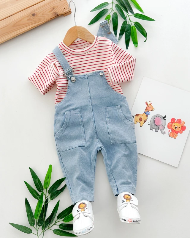 Çizgili badili omuzdan çıtçıtlı cepli mevsimlik kot 2 parça salopet set