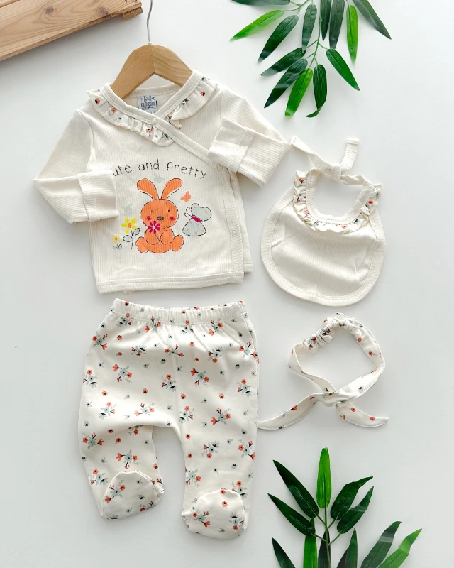 Cute and pretty baskılı yandan çıtçıtlı kendinden eldivenli ayaklı 4 parça takım