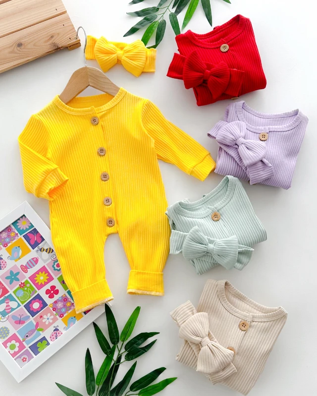 Fiyonk bandanalı boydan düğmeli fitilli kumaş mevsimlik tulum