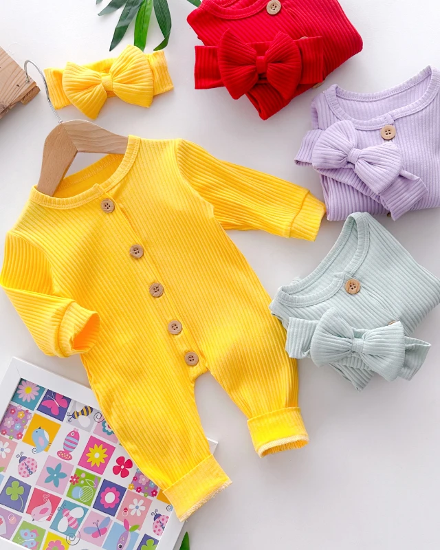 Fiyonk bandanalı boydan düğmeli fitilli kumaş mevsimlik tulum