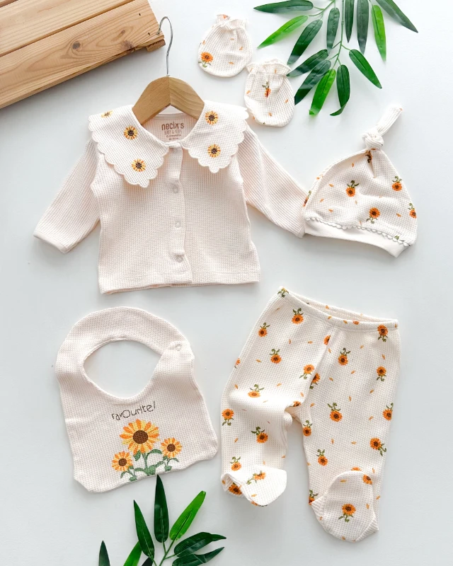 Minik ayçiçekleri baskılı waffle kumaş mevsimlik yenidoğan 5li set 
