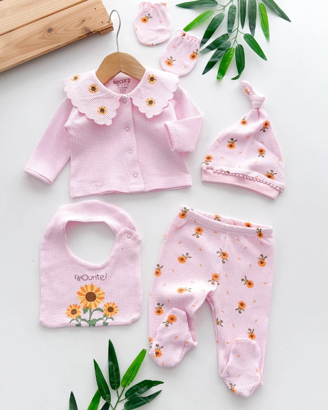 Minik ayçiçekleri baskılı waffle kumaş mevsimlik yenidoğan 5li set 