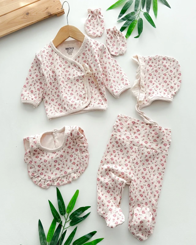 Minik kibar çiçekler yandan bağlamalı ribana kumaş mevsimliik yenidoğan 5li set