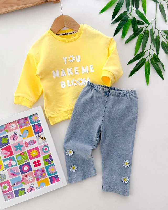 You make me bloom omuzdan çıtçıtlı kot pantolonlu mevsimlik 2 parça takım