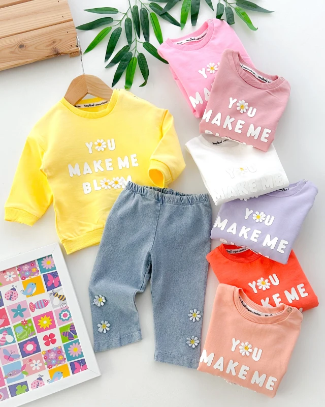 You make me bloom omuzdan çıtçıtlı kot pantolonlu mevsimlik 2 parça takım