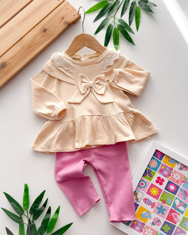 Büyük fiyonk robadan fırfır detaylı fitilli kumaş mevsimlik 2 parça takım