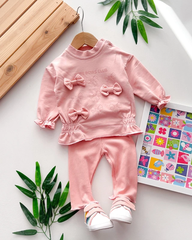 Cute bows club baskılı belden büzgü detaylı fitilli tayt mevsimlik 2 parça takım