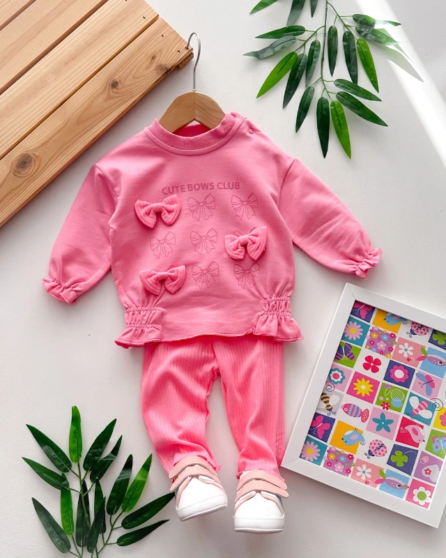 Cute bows club baskılı belden büzgü detaylı fitilli tayt mevsimlik 2 parça takım