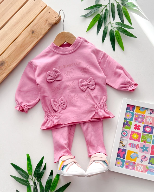 Cute bows club baskılı belden büzgü detaylı fitilli tayt mevsimlik 2 parça takım