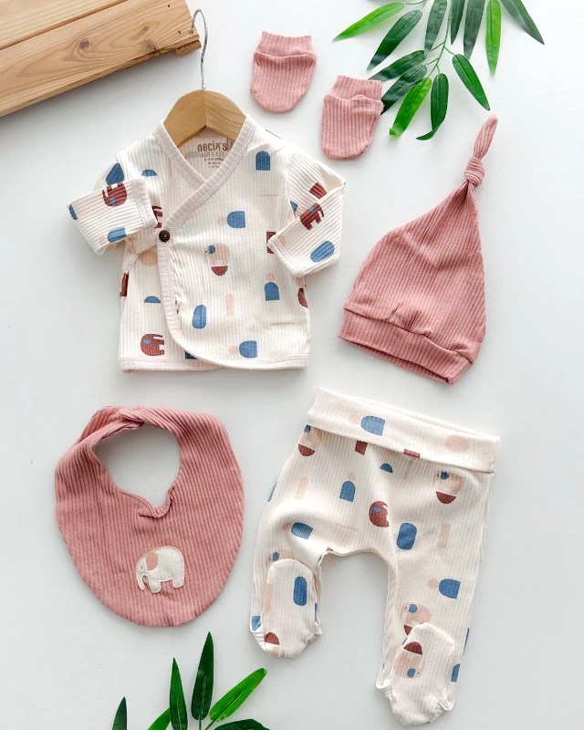 Fil ve geo desen baskılı fitilli kumaş yandan bağlamalı yenidoğan 5li set 