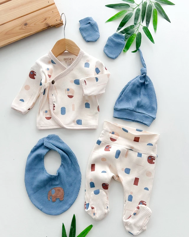 Fil ve geo desen baskılı fitilli kumaş yandan bağlamalı yenidoğan 5li set 