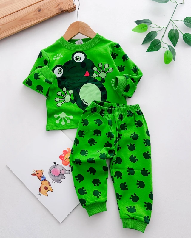 Şakacı kurbağa baskılı mevsimlik 2 parça pijama takımı