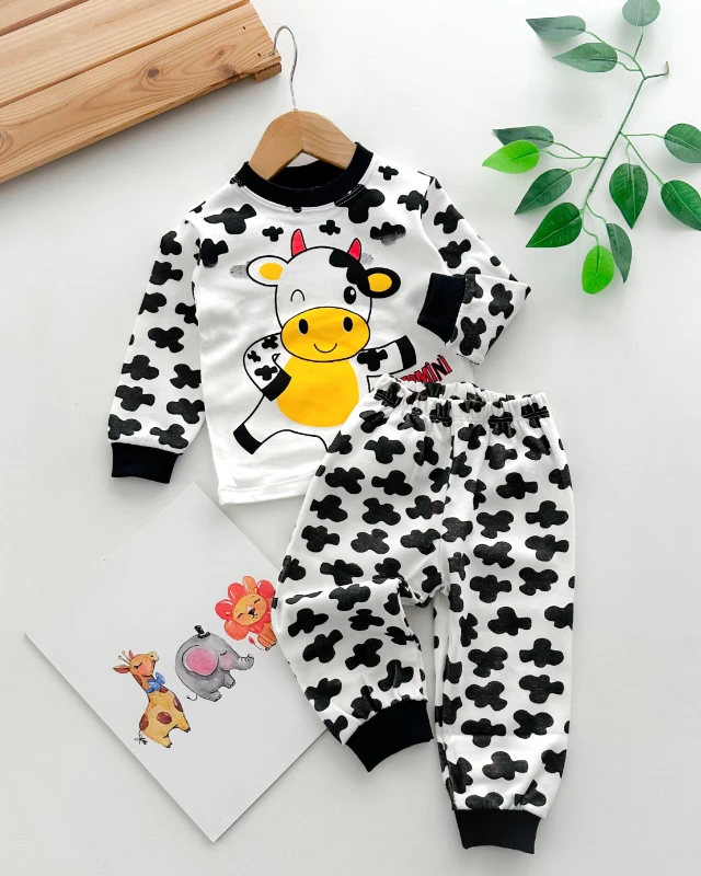 Sevimli inek baskılı mevsimlik 2 parça pijama takımı