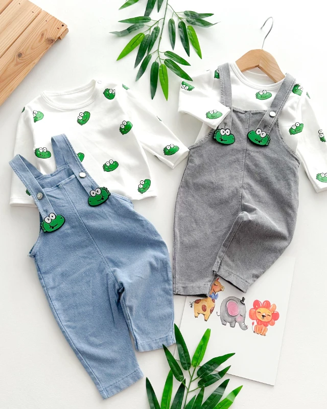 Şirin Timsah suratlar baskılı omuzdan çıtçıt badili mevsimlik kot kumaş 2 parça salopet set 