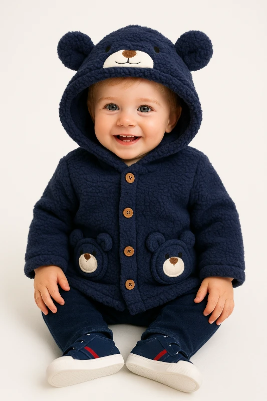 Kapüşon ve cepte bear suratlar detay önden düğme peluş hırka