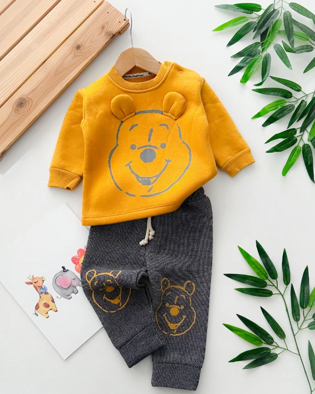 Karikatür surat pooh omuzdan çıtçıt şardon kumaş kışlık 2 parça takım