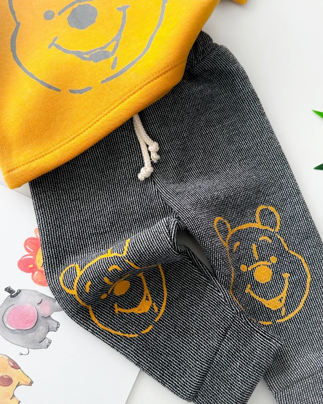 Karikatür surat pooh omuzdan çıtçıt şardon kumaş kışlık 2 parça takım