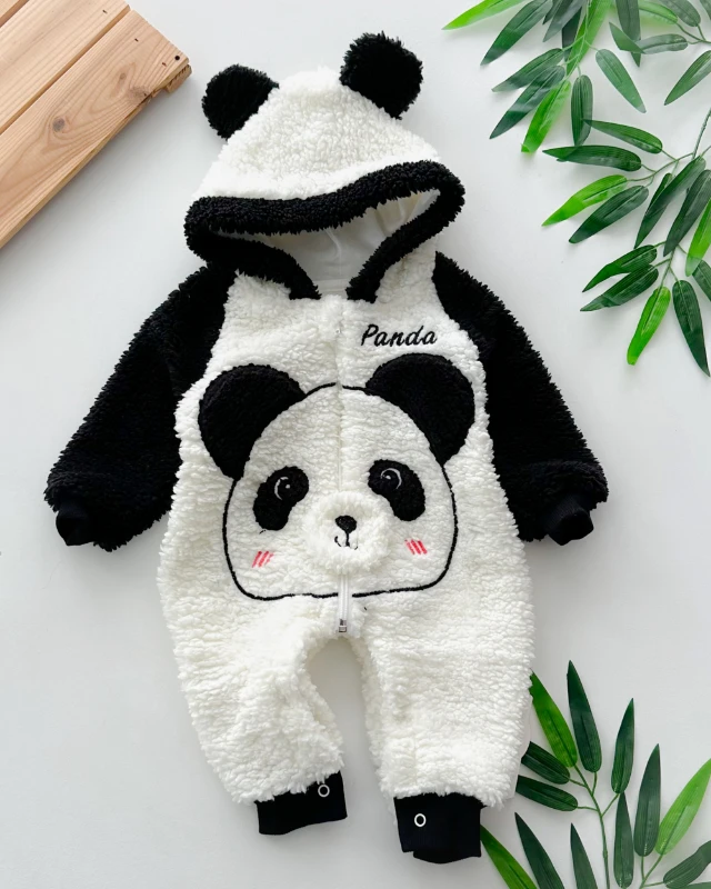 Kırmızı yanak panda kapüşonlu peluş kışlık tulum
