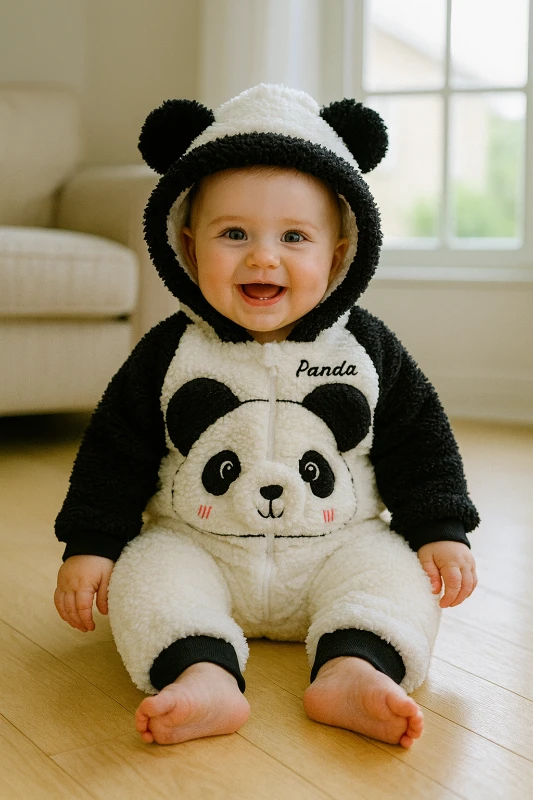 Kırmızı yanak panda kapüşonlu peluş kışlık tulum