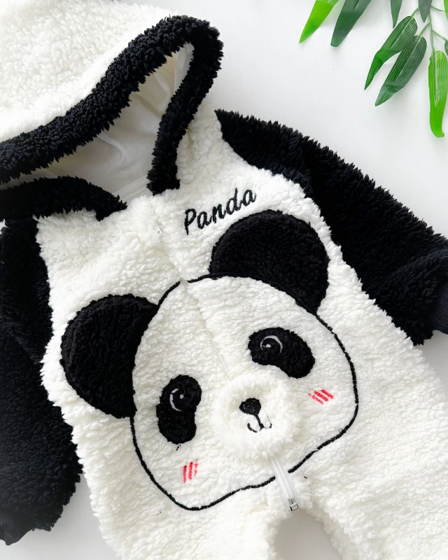 Kırmızı yanak panda kapüşonlu peluş kışlık tulum