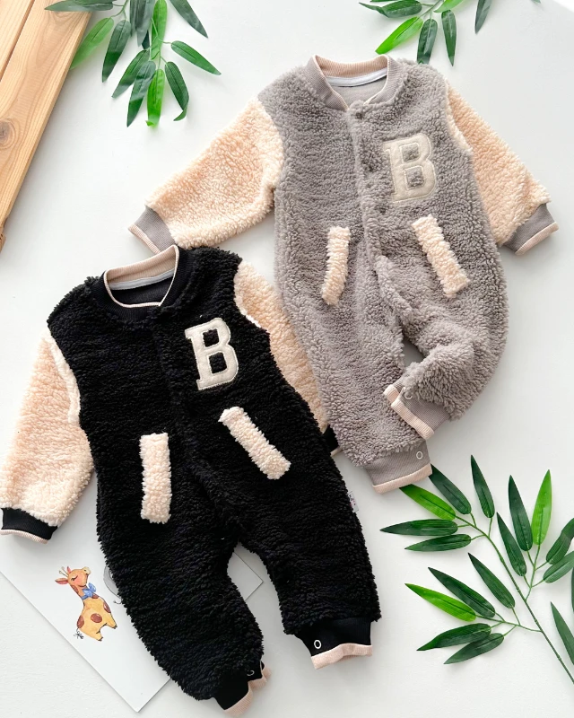 Kolej tarzlı cep görünüm detaylı boydan çıtçıt kışlık pelüş tulum