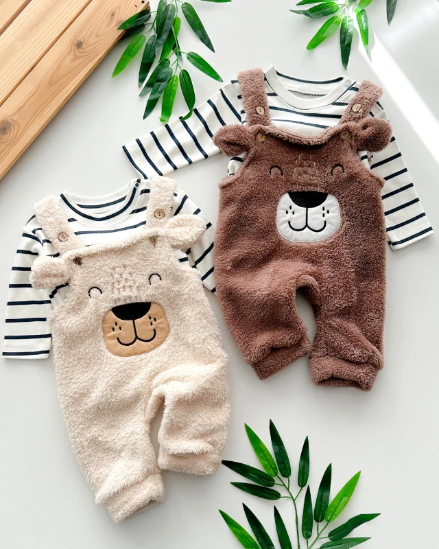 Şirin surat kulaklı çizgi badili kışlık peluş salopet set