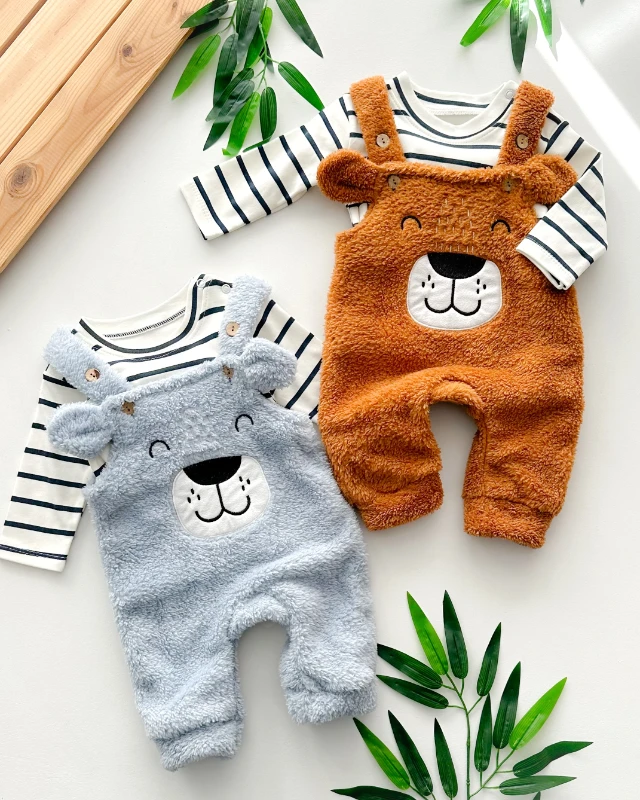 Şirin surat kulaklı çizgi badili kışlık peluş salopet set