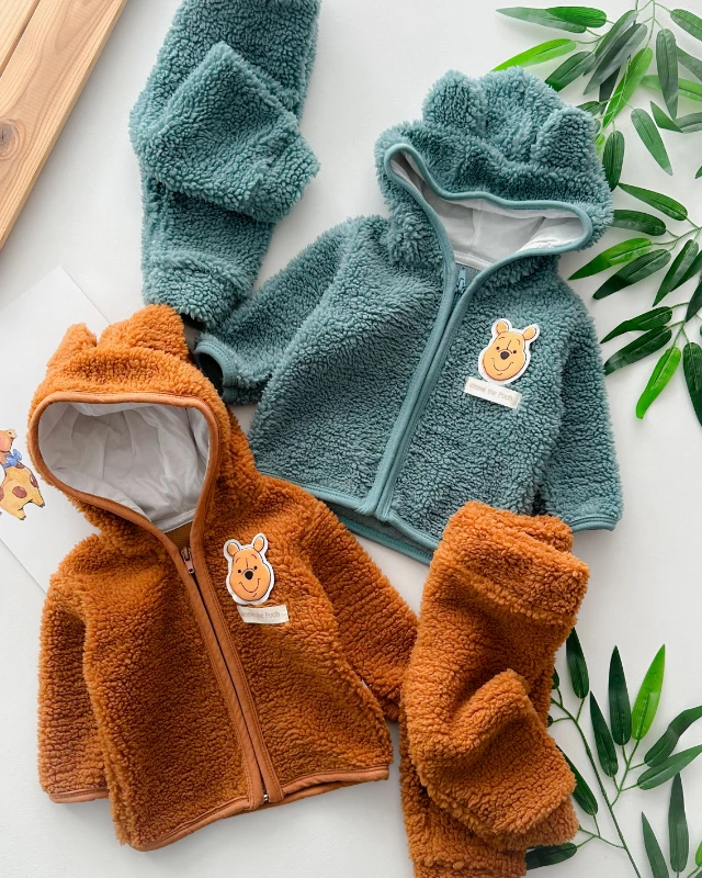 Winnie the pooh kabartmalı fermuarlı kapüşonnlu kışlık welsoft 2 parça takım