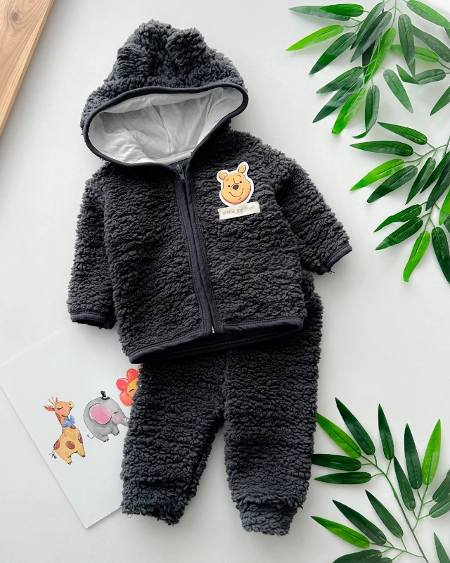 Winnie the pooh kabartmalı fermuarlı kapüşonnlu kışlık welsoft 2 parça takım