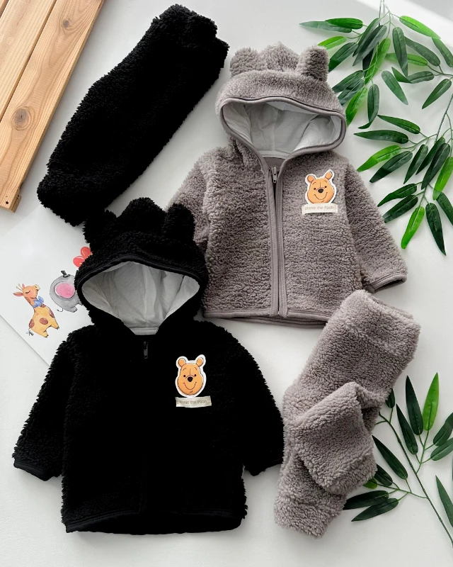 Winnie the pooh kabartmalı fermuarlı kapüşonnlu kışlık welsoft 2 parça takım