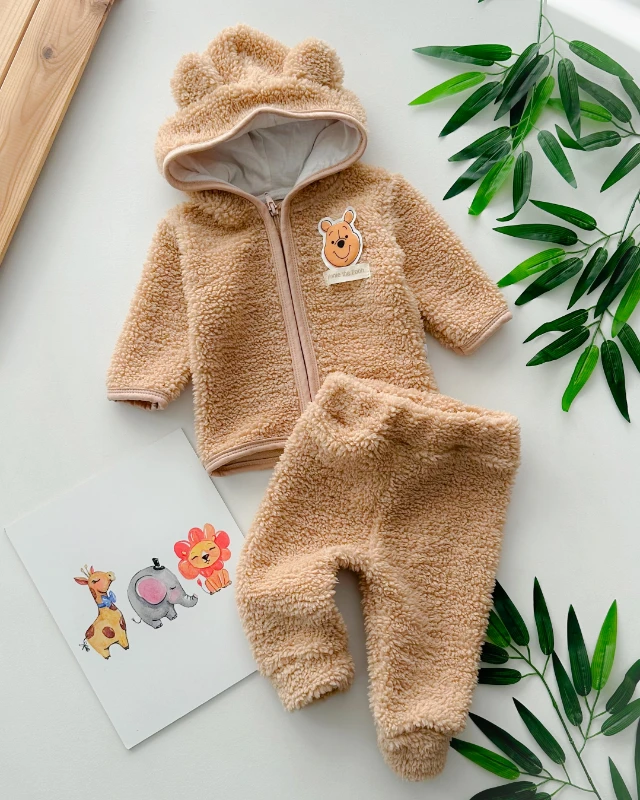 Winnie the pooh kabartmalı fermuarlı kapüşonnlu kışlık welsoft 2 parça takım