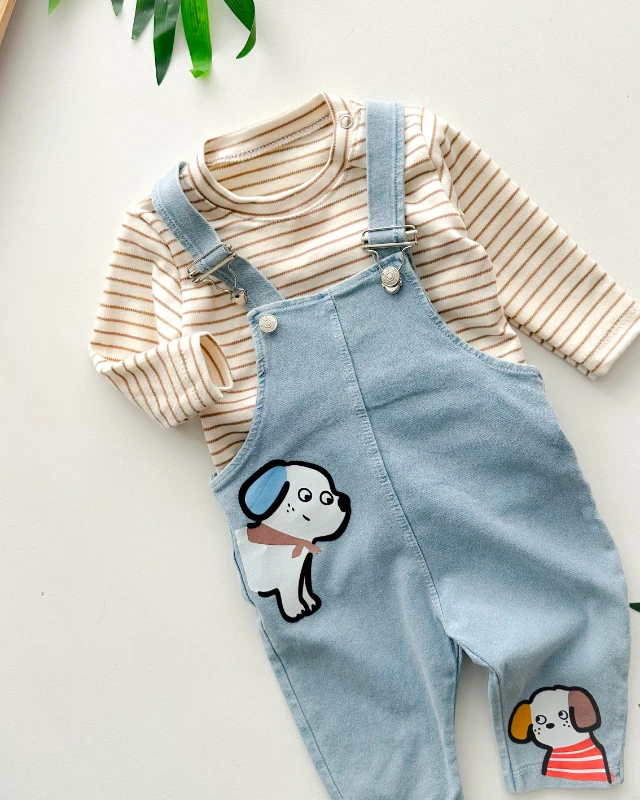 Happy dog friends çizgi badili mevsimlik 2 parça kot kumaş salopet set 