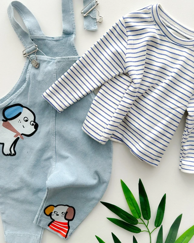 Happy dog friends çizgi badili mevsimlik 2 parça kot kumaş salopet set 