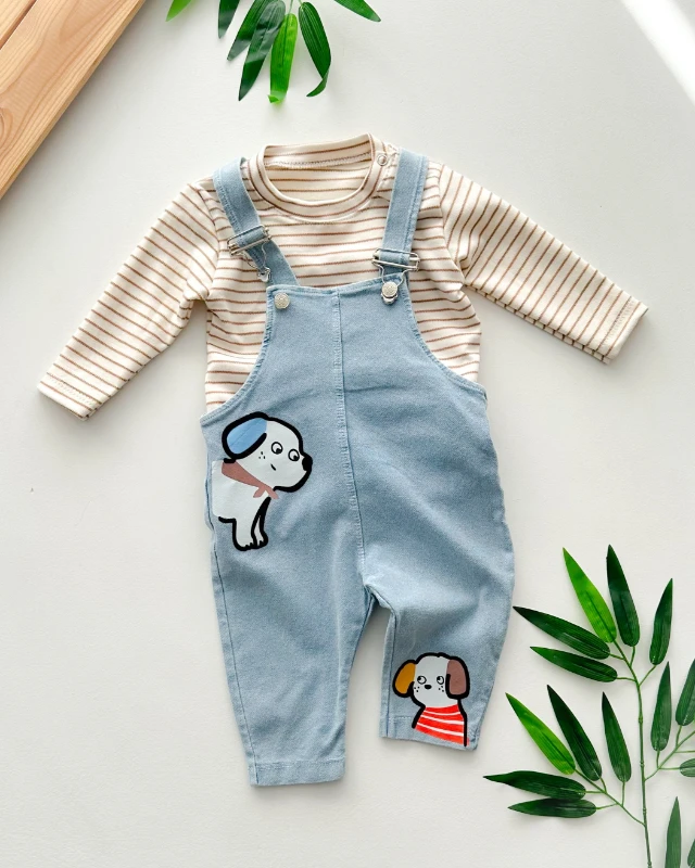 Happy dog friends çizgi badili mevsimlik 2 parça kot kumaş salopet set 