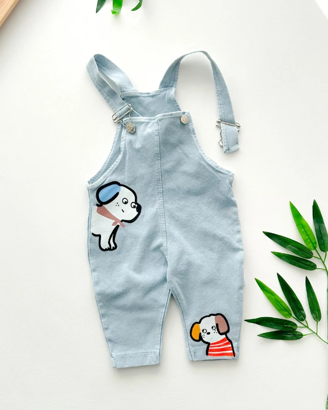 Happy dog friends çizgi badili mevsimlik 2 parça kot kumaş salopet set 