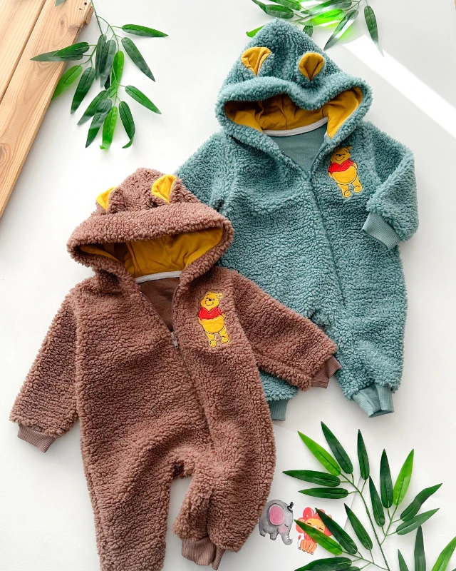 Sevimli poo armalı boydan fermuarlı kapüşonda kulak detaylı kışlık welsoft tulum