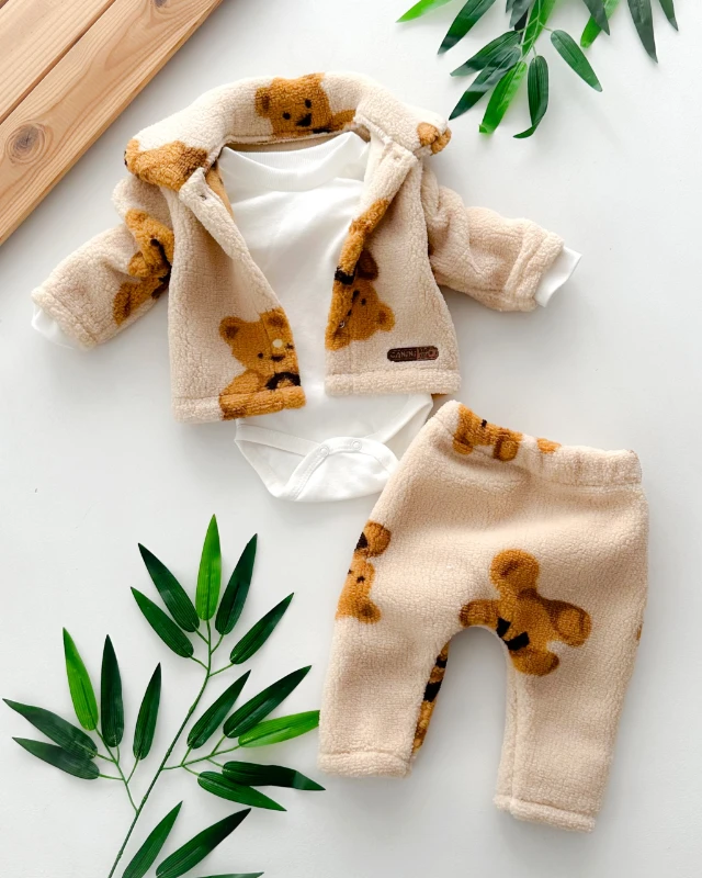 Bear baskı desenli uzun kol badi alttan çıtçıtlı peluş kışlık 3 parça takım