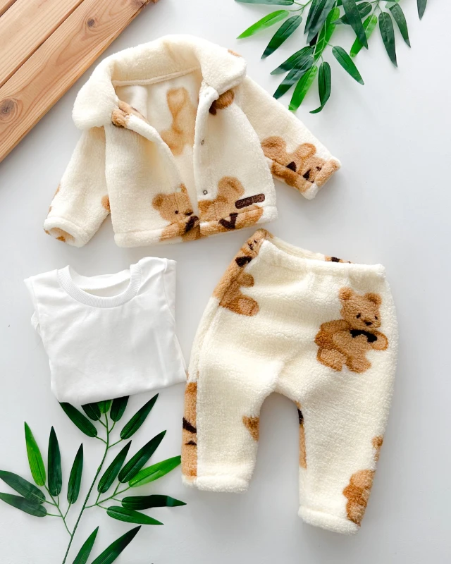 Bear baskı desenli uzun kol badi alttan çıtçıtlı peluş kışlık 3 parça takım