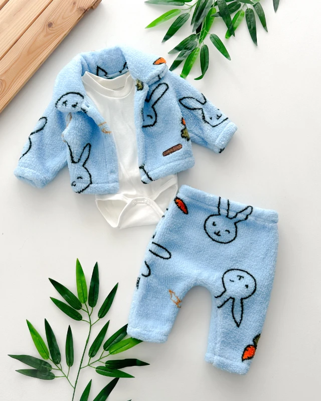 Gülen tavşan ve havuç baskılı uzun kol çıtçıt badili peluş kışlık 3 parça takım