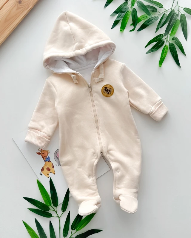 Halat detaylı kapüşonlu boydan fermuar ve alttan çıtçıtlı ayaklı içi astarlı kışlık tulum