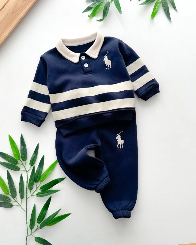 Kalın çizgili at ve jokey baskılı gömlek yaka şardonlu kışlık 2 parça takım