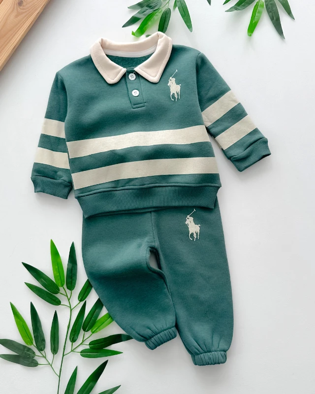 Kalın çizgili at ve jokey baskılı gömlek yaka şardonlu kışlık 2 parça takım