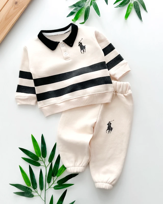 Kalın çizgili at ve jokey baskılı gömlek yaka şardonlu kışlık 2 parça takım