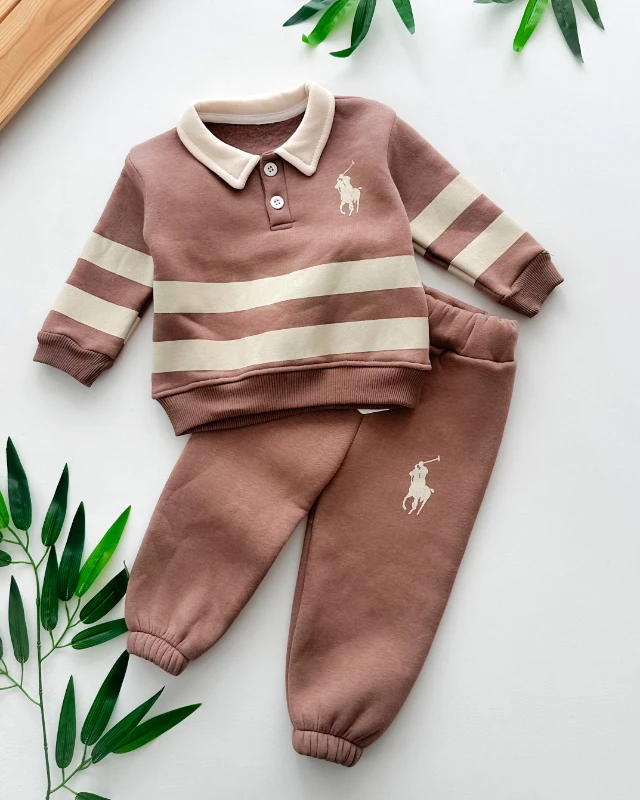 Kalın çizgili at ve jokey baskılı gömlek yaka şardonlu kışlık 2 parça takım