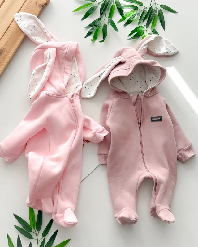 Rabbit ear kapüşon içi puantiye detaylı boydan fermuar ayaklı kışlık tulum